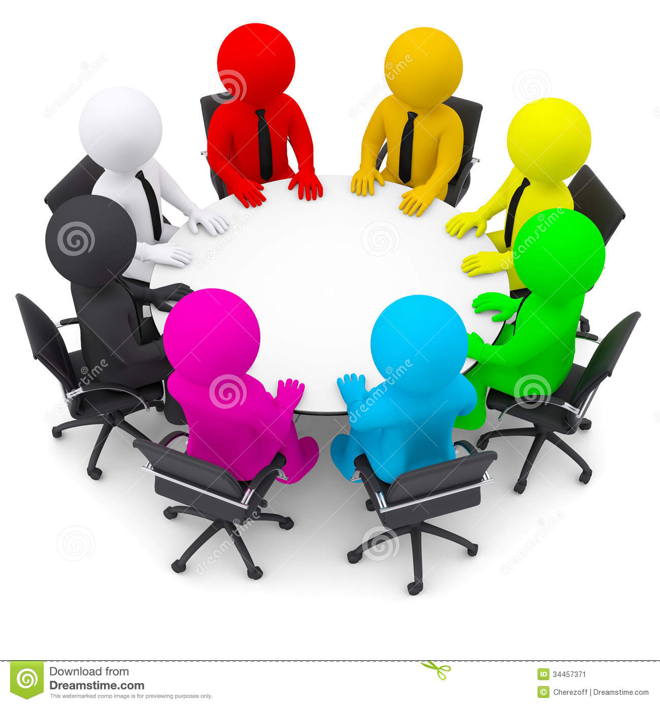 Multicolored People Sitting At A Round Table  Isolated Render On A