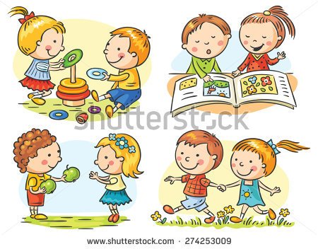 Set Of Four Cartoon Illustrations With Kids  Communication And Common