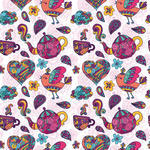 Vector Seamless Pattern With Doodle Elements Birds Cups Flowers Hearts