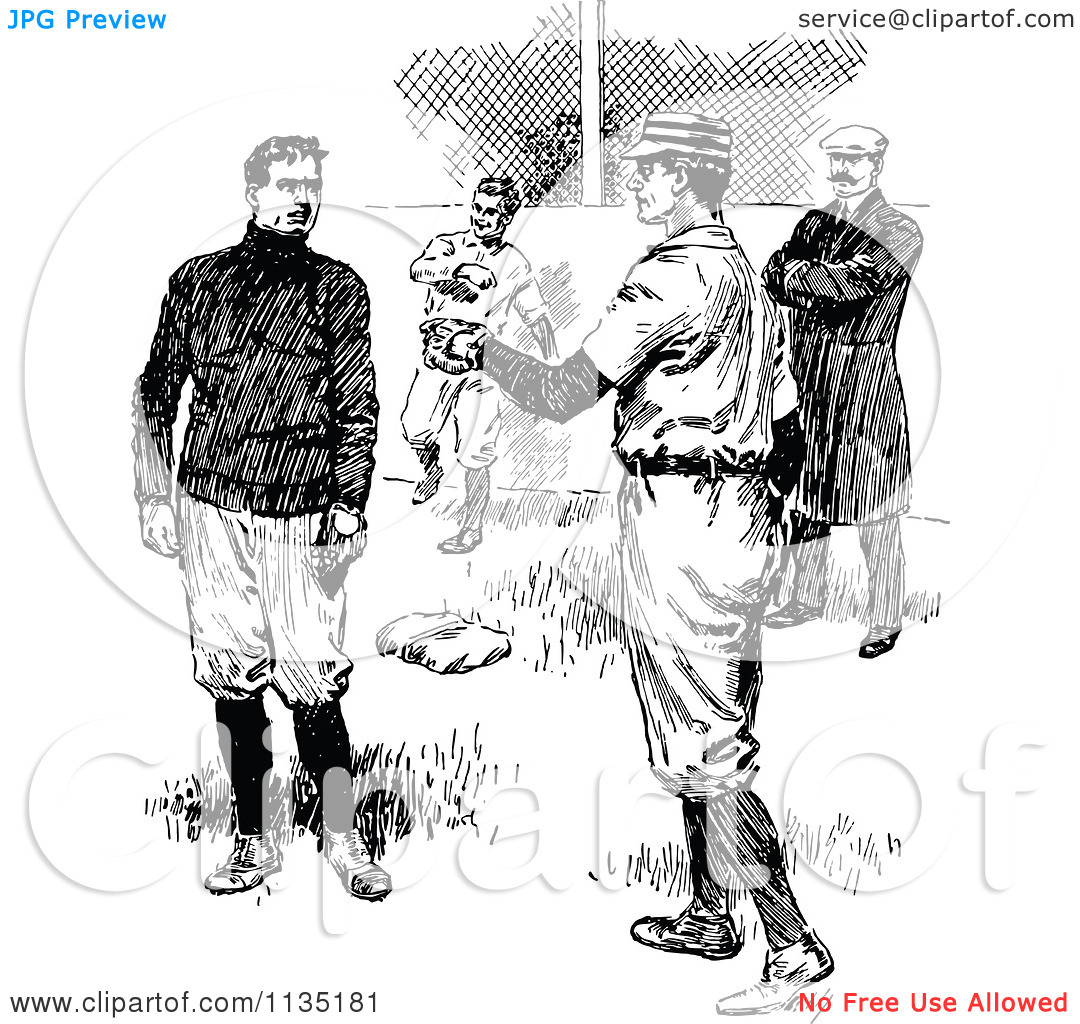 Clipart Of Retro Black And White Baseball Players Talking At Home Base