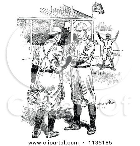 Clipart Of Retro Black And White Baseball Players Talking   Royalty