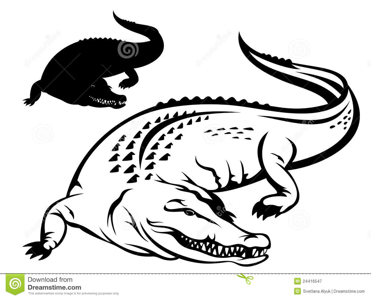 Crocodile Illustration   Black And White Outline And Silhouette