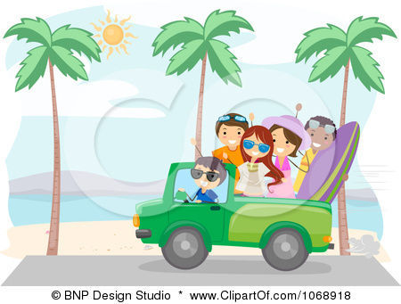 1068918 Clipart Summer Friends Driving On A Beach Royalty Free Vector