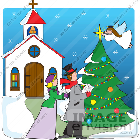 Christmas Clipart Of A Man And Woman Singing Otuside A Church While An