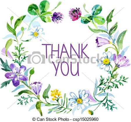 Thank You Card With Watercolor Floral Bouquet  Vector Illustration