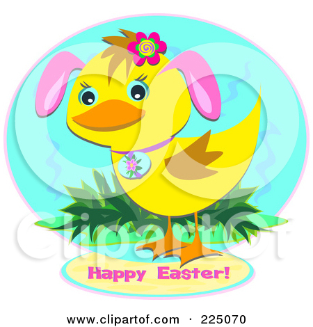     Duckling With Bunny Ears And Happy Easter Text Over A Blue Circle
