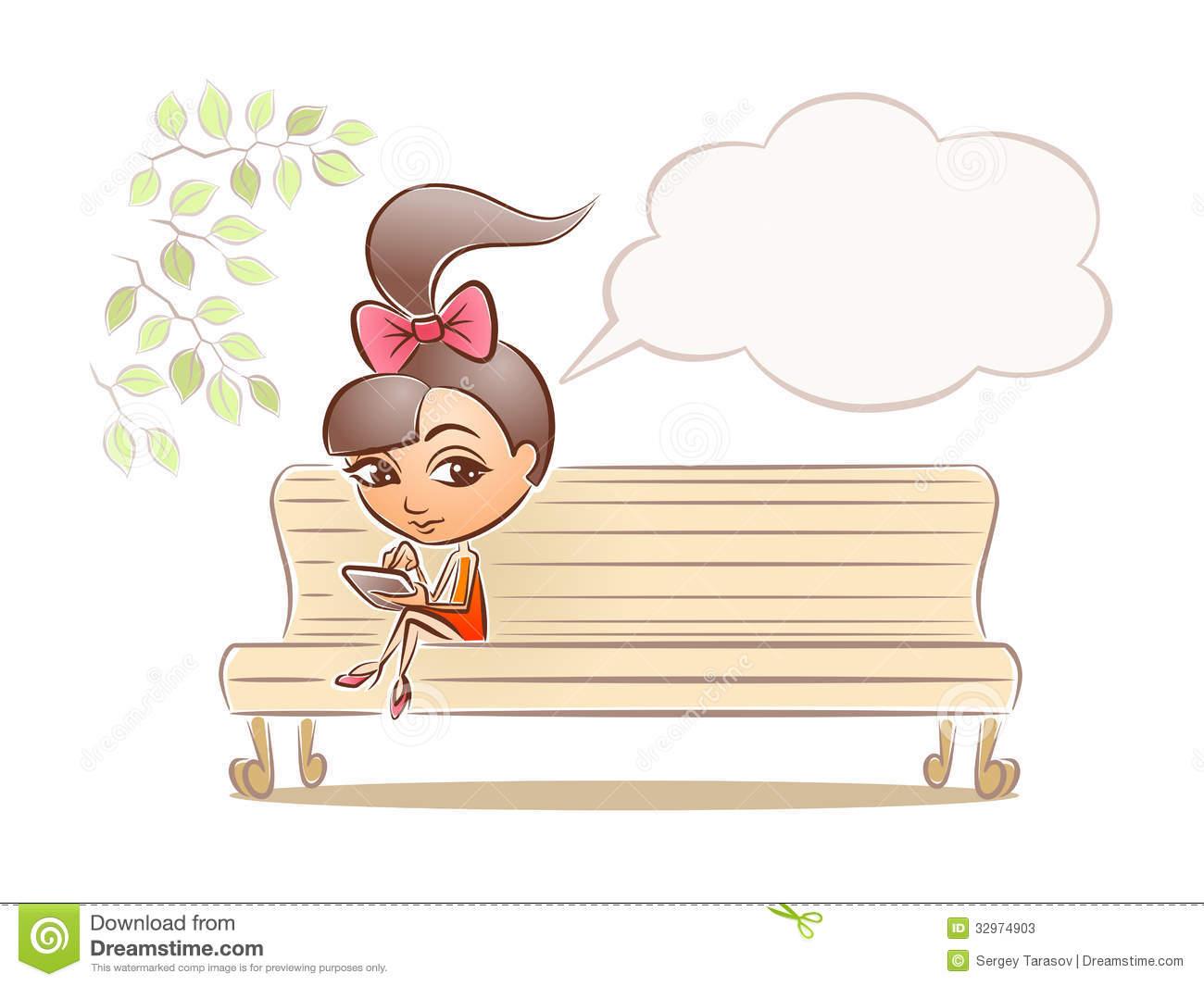 Young Girl Sitting On Park Bench Holding Phone Tablet And Imaging