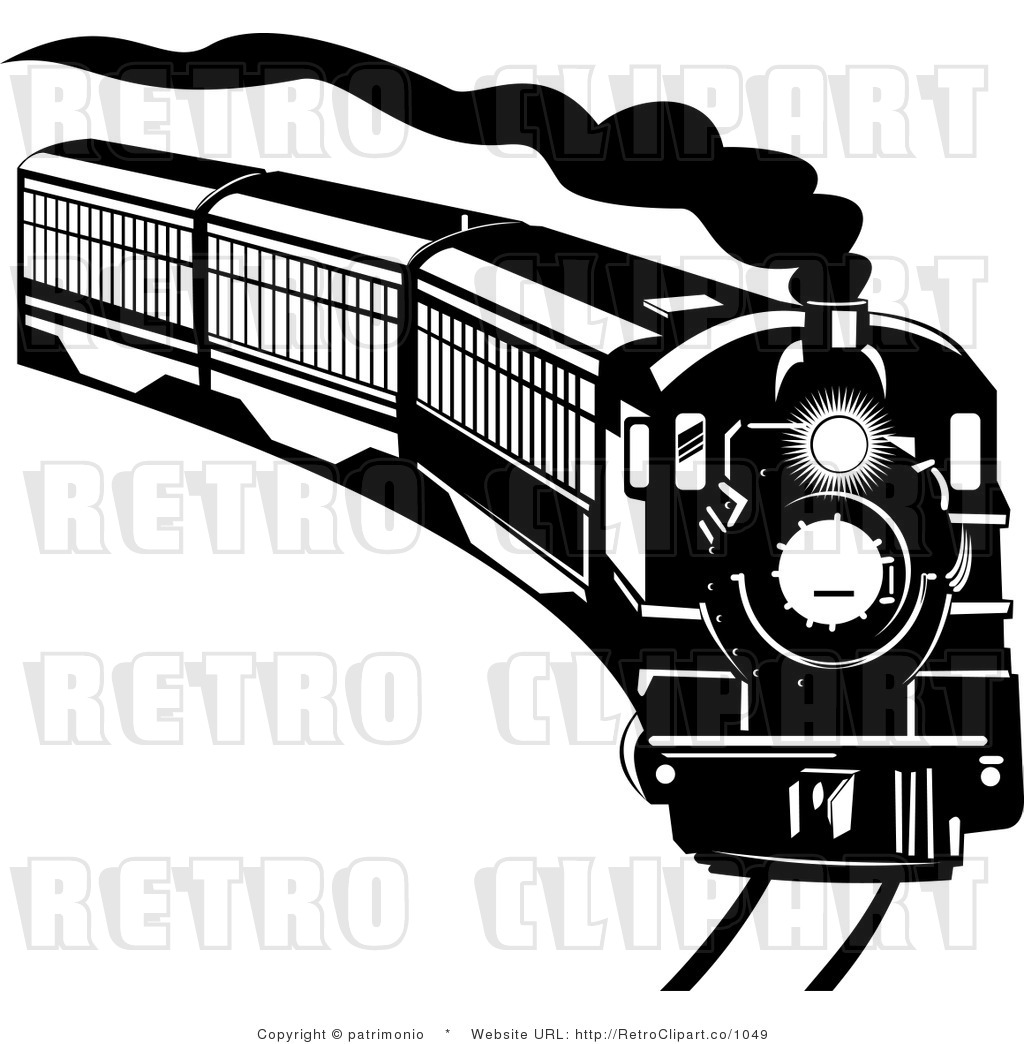 Royalty Free Retro Black And White Steam Engine Speeding Around A