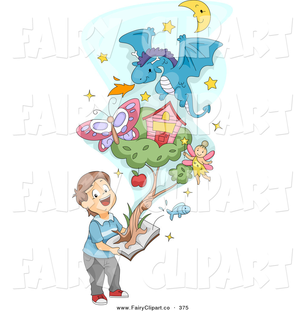 Clip Art Of A Boy Holding A Pop Up Book With A Fairy And Items