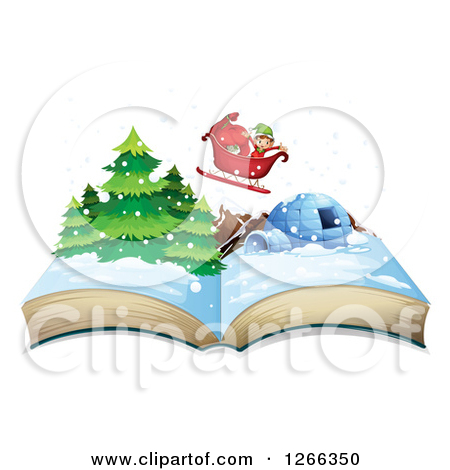 Clipart Of A Christmas Elf Flying A Sleigh Over A Pop Up Book
