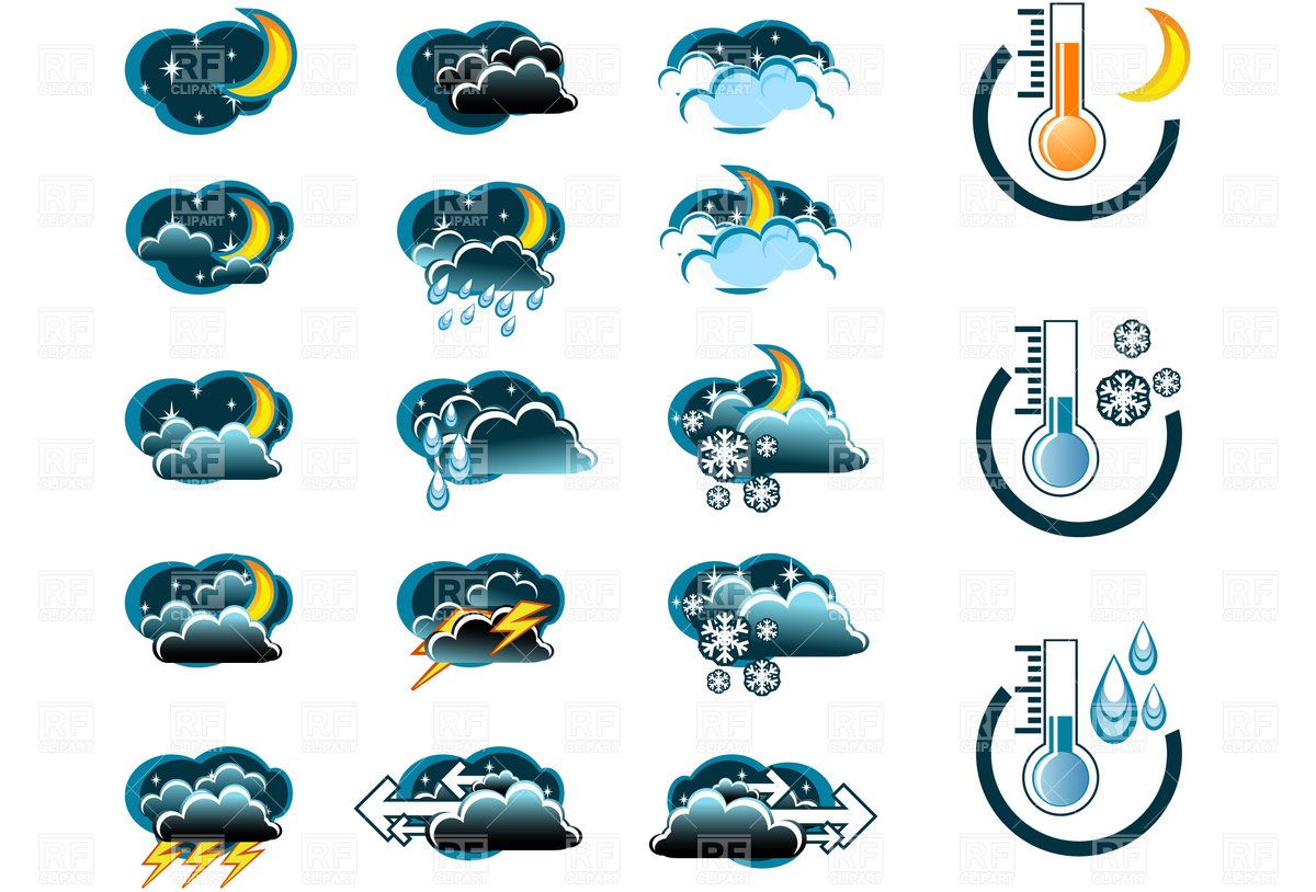 Night Weather Forecast Icon Set And Thermometers Icons And Emblems