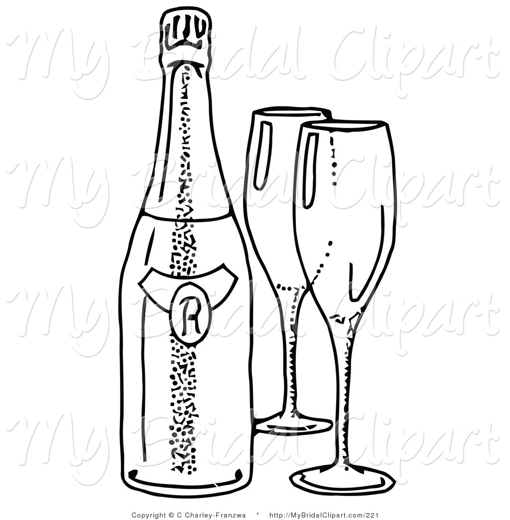 Clipart Of A Coloring Page Of Two Empty Wine Glasses By A Bottle