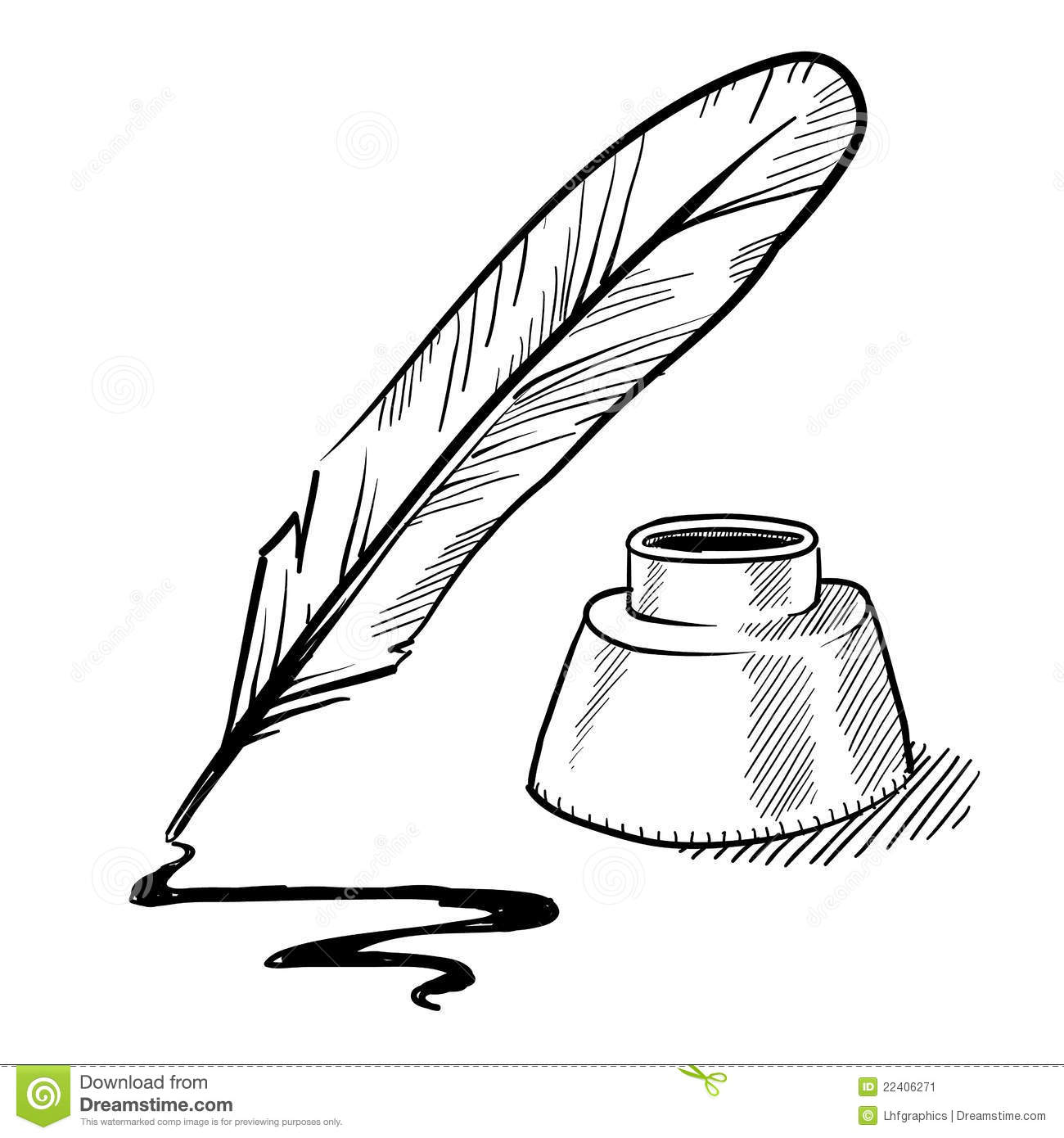 Doodle Style Feather Quill Pen And Ink Well Illustration In Vector