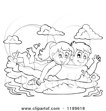 Outlined Happy Children Swimming On An Inflatable Mattress