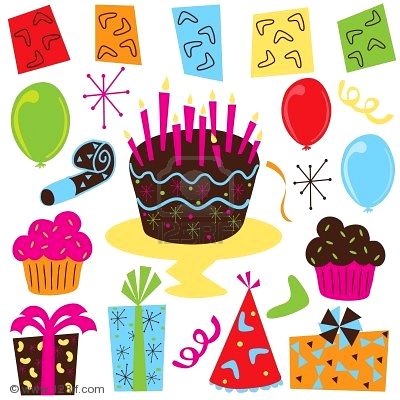 Party Clipart With Birthday Cake Cupcakes Balloons Streamers Party