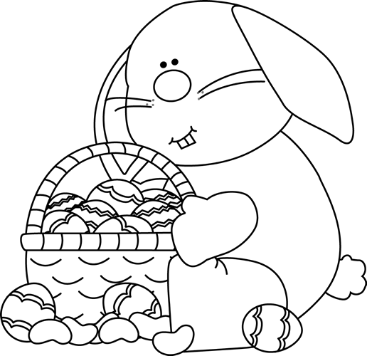 Black And White Bunny Sitting With An Easter Basket Clip Art   Black