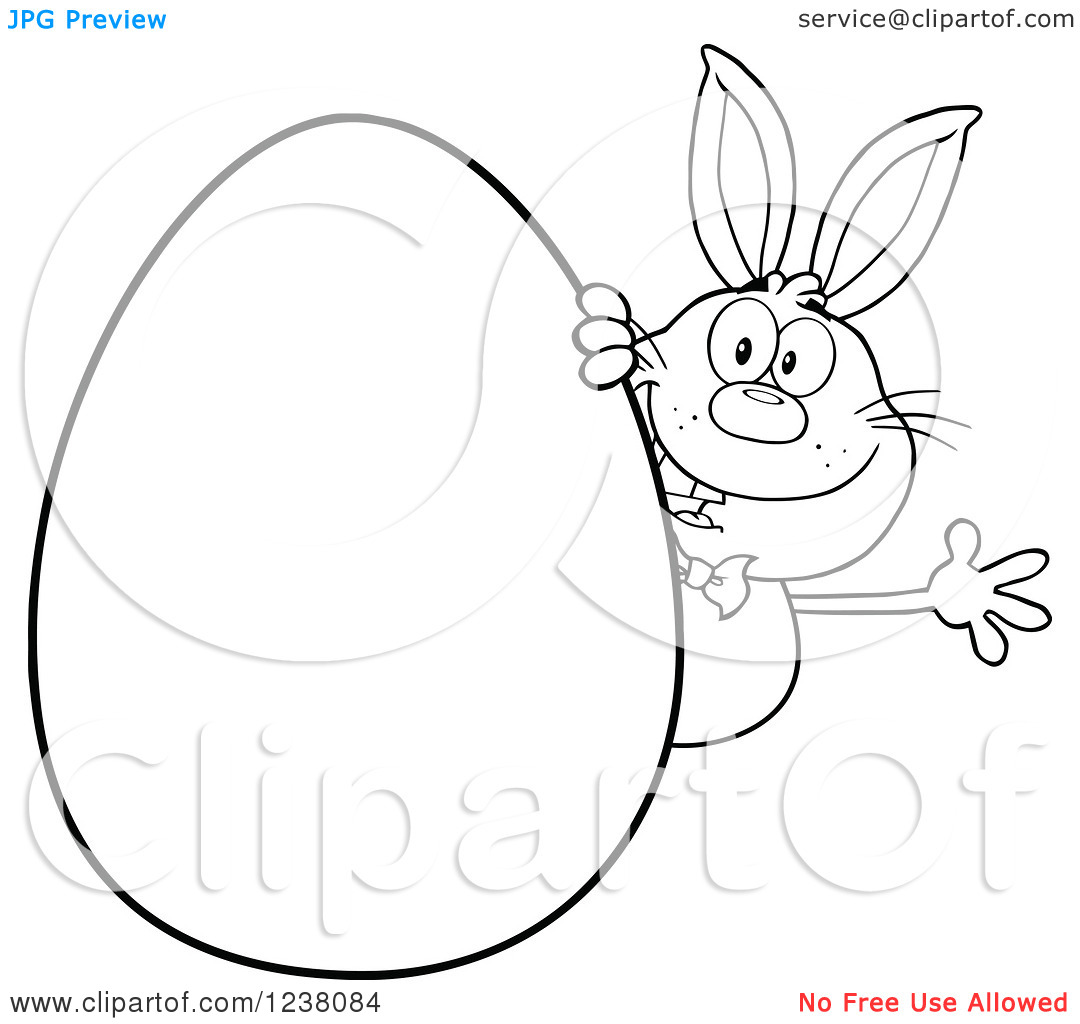 Clipart Of A Black And White Rabbit Waving Around A Giant Easter Egg