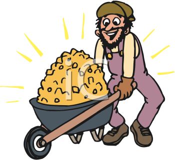 Miner With A Wheelbarrow Full Of Gold   Royalty Free Clipart Picture