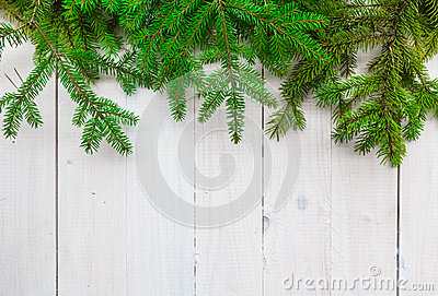 Stock Photo  Christmas Background Greens Spruce Twigs White Wooden