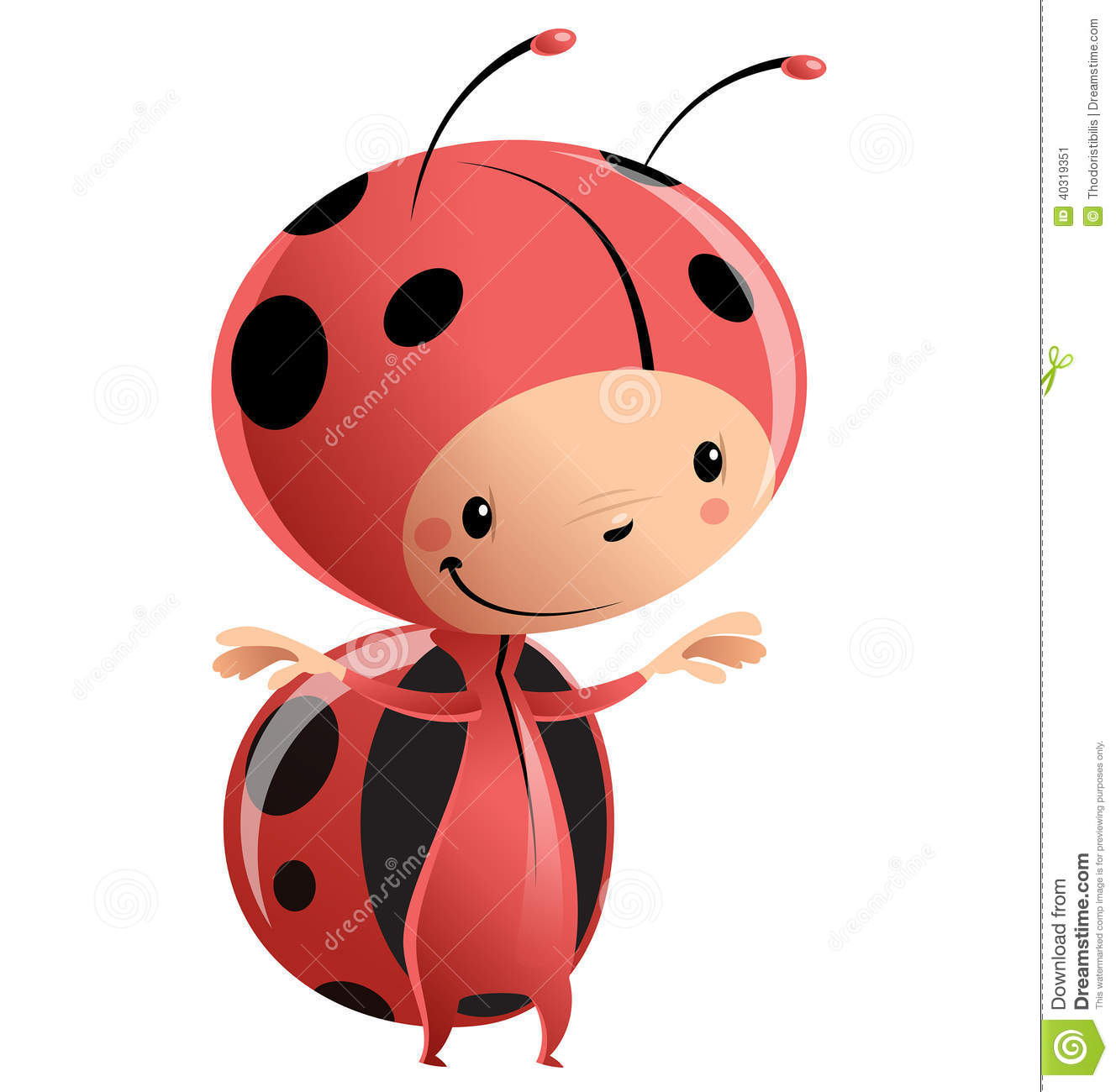 Cartoon Vector Illustration With Child In Funny Red Lady Bug Suit With