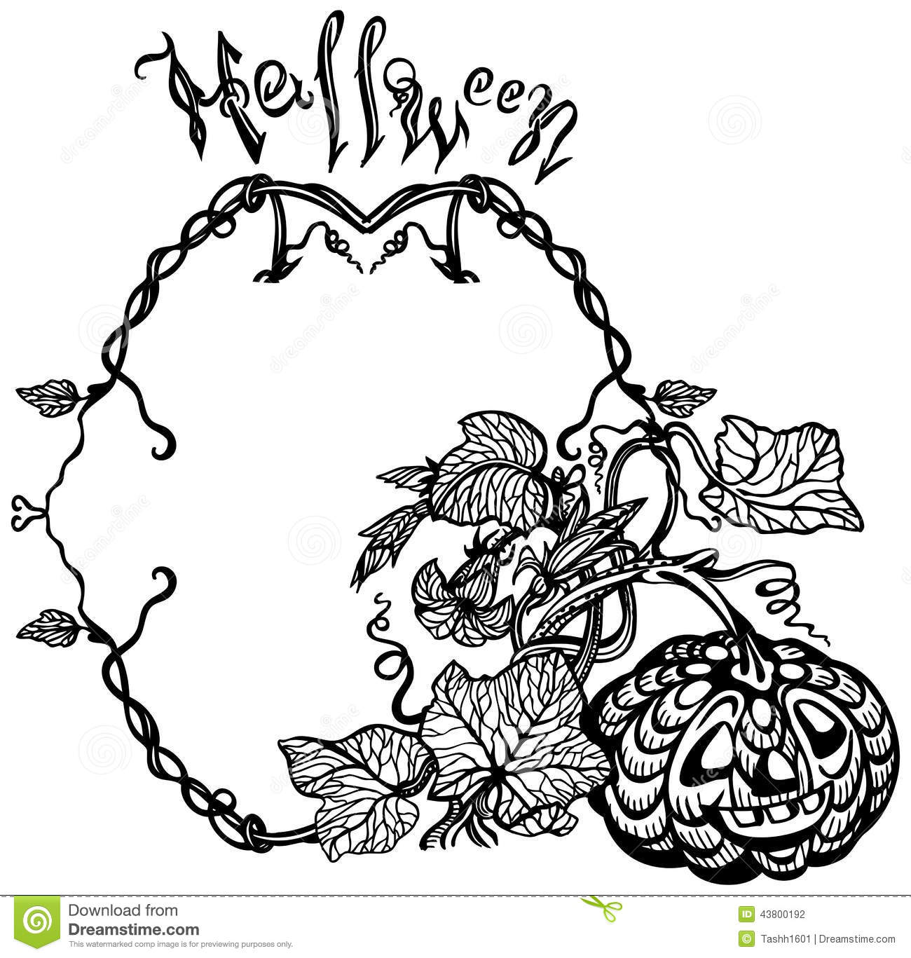 Halloween Pumpkin Growing Shoots And Flowers  Black And White Drawing