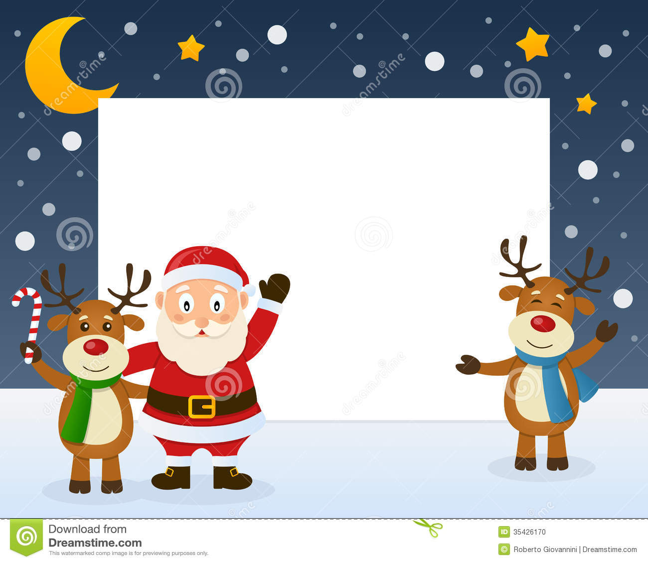     Santa Claus Character And Two Cute Reindeer On The Snow  Eps File