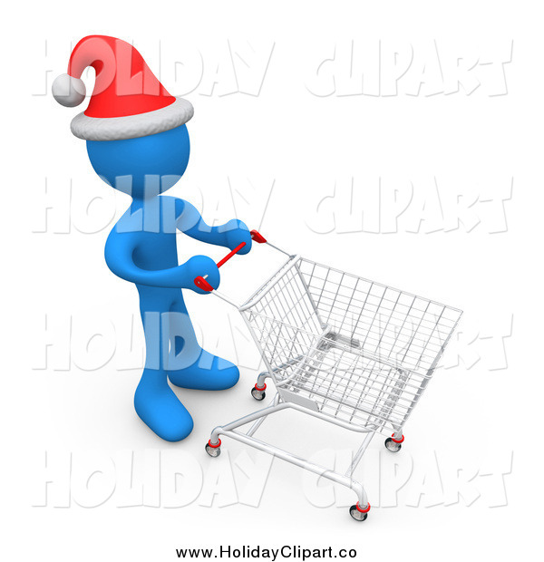Holiday Clip Art Of A 3d Blue Person Wearing A Santa Hat And Pushing A