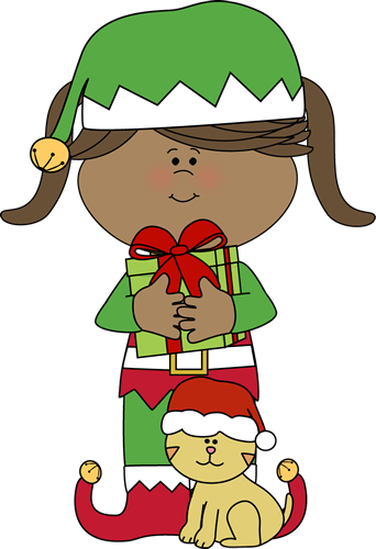 Girl Christmas Elf With Christmas Cat Clip Art   Girl Christmas Elf