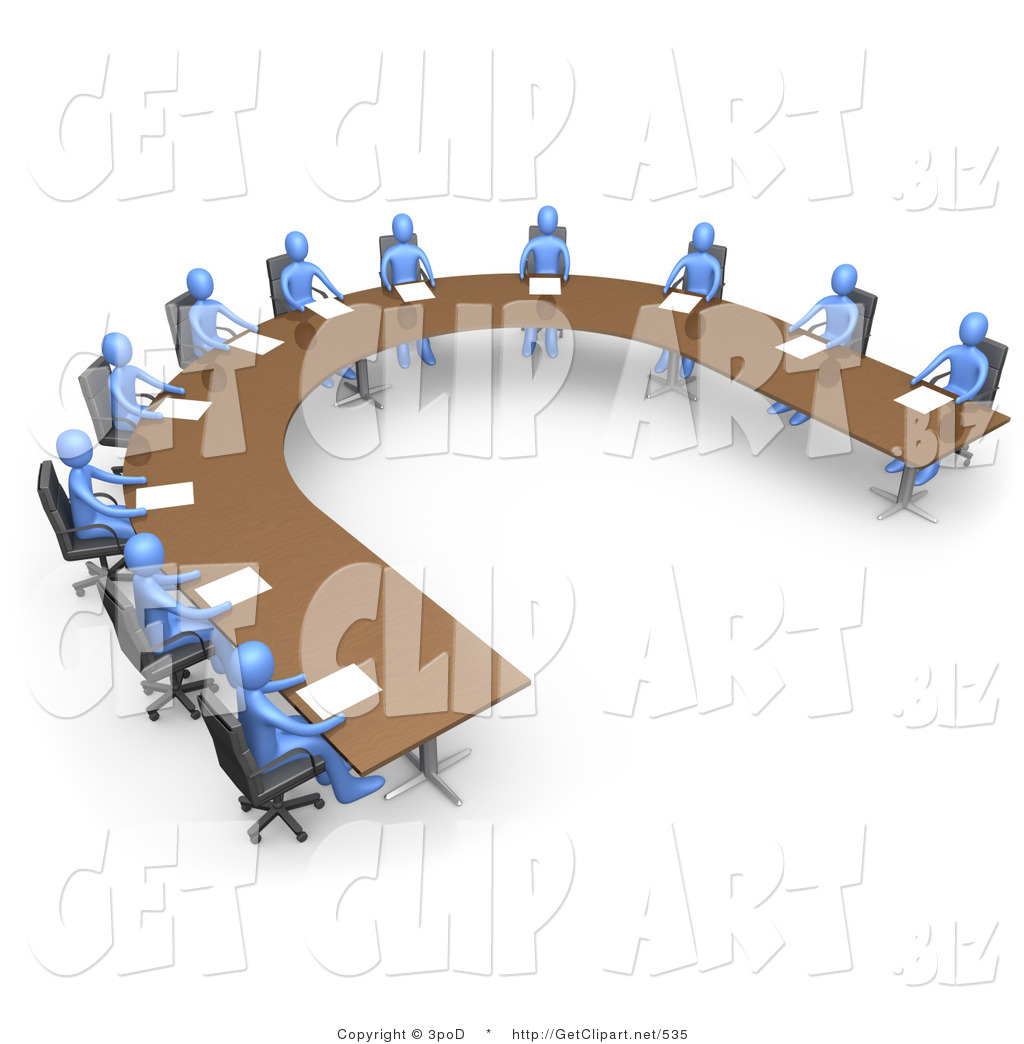 Group Of Blue People Seated And Holding A Business Meeting At A Large