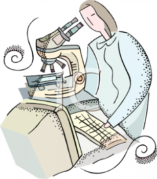 Woman Scientist Using Computer And Microscope   Royalty Free Clipart