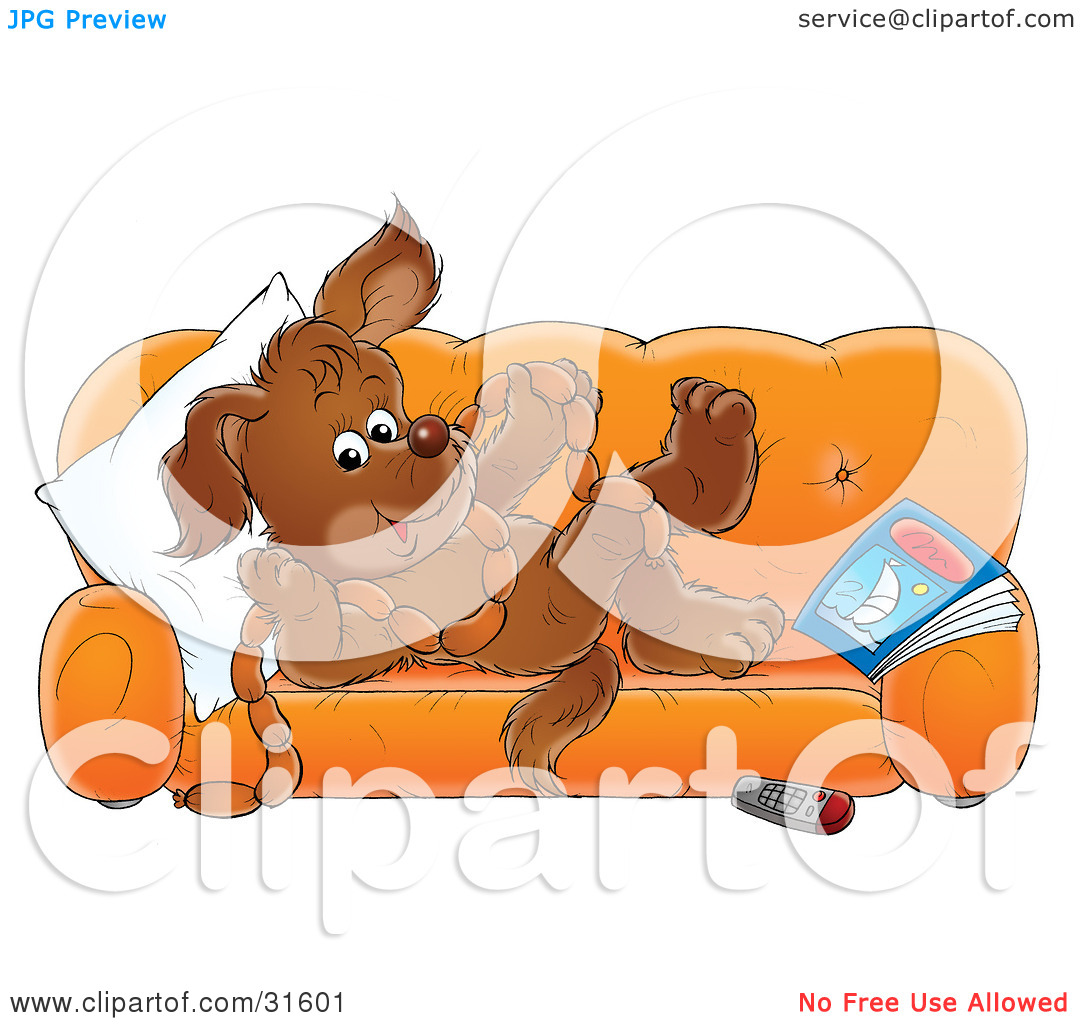 Clipart Illustration Of A Puppy Relaxing On An Orange Couch Holding A