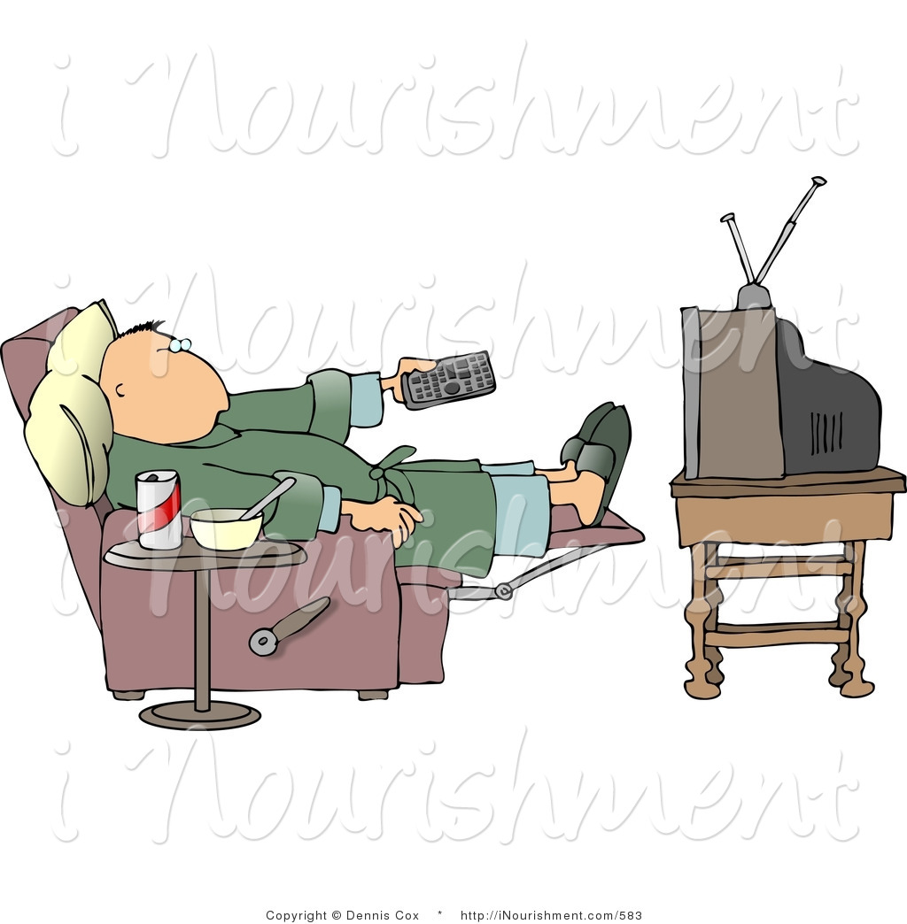 Clipart Of A Couch Potato Man Relaxing And Holding The Tv Remote    