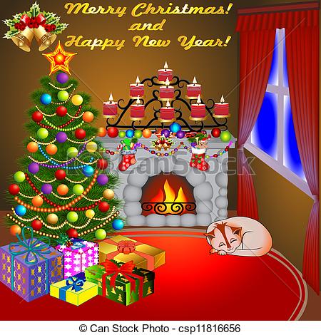 Clipart Vector Of Of Christmas Fireplace With A Tree Gifts Candles And