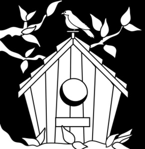 Birdhouse Clipart Image   Black And White Birdhouse With Song Bird On