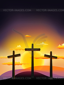 Three Crosses On The Calvary At Sunset   Vector Clipart