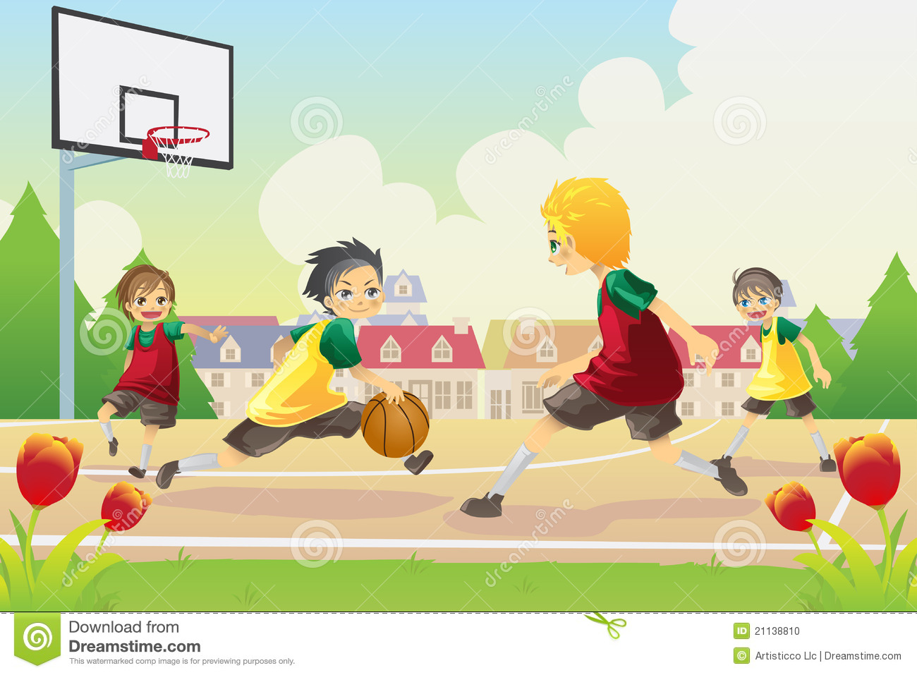 Vector Illustration Of Kids Playing Basketball In The Suburban Area