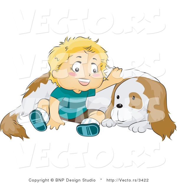 Vector Of Happy Baby Boy Sitting By And Petting His Dog By Bnp Design
