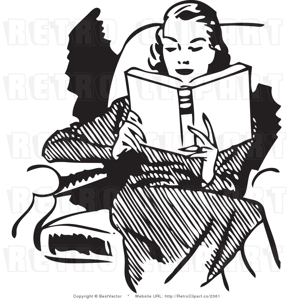 Retro Vector Clip Art Of A Woman Reading Book While Sitting In A Chair