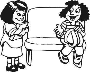 Black And White Cartoon Of A Girl Sharing Her Seat On The Bus Clipart