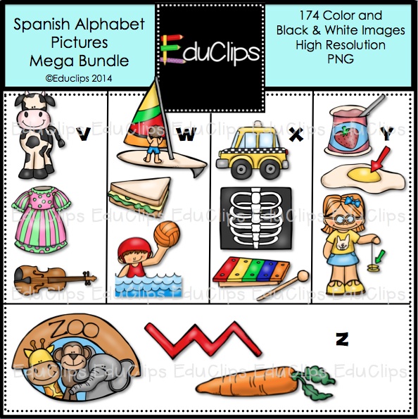 Spanish Alphabet Pictures Clip Art Mega Bundle  Color And B W