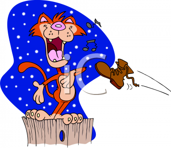 Cartoon Clip Art Picture Of An Alley Cat Singing On A Fence At Night