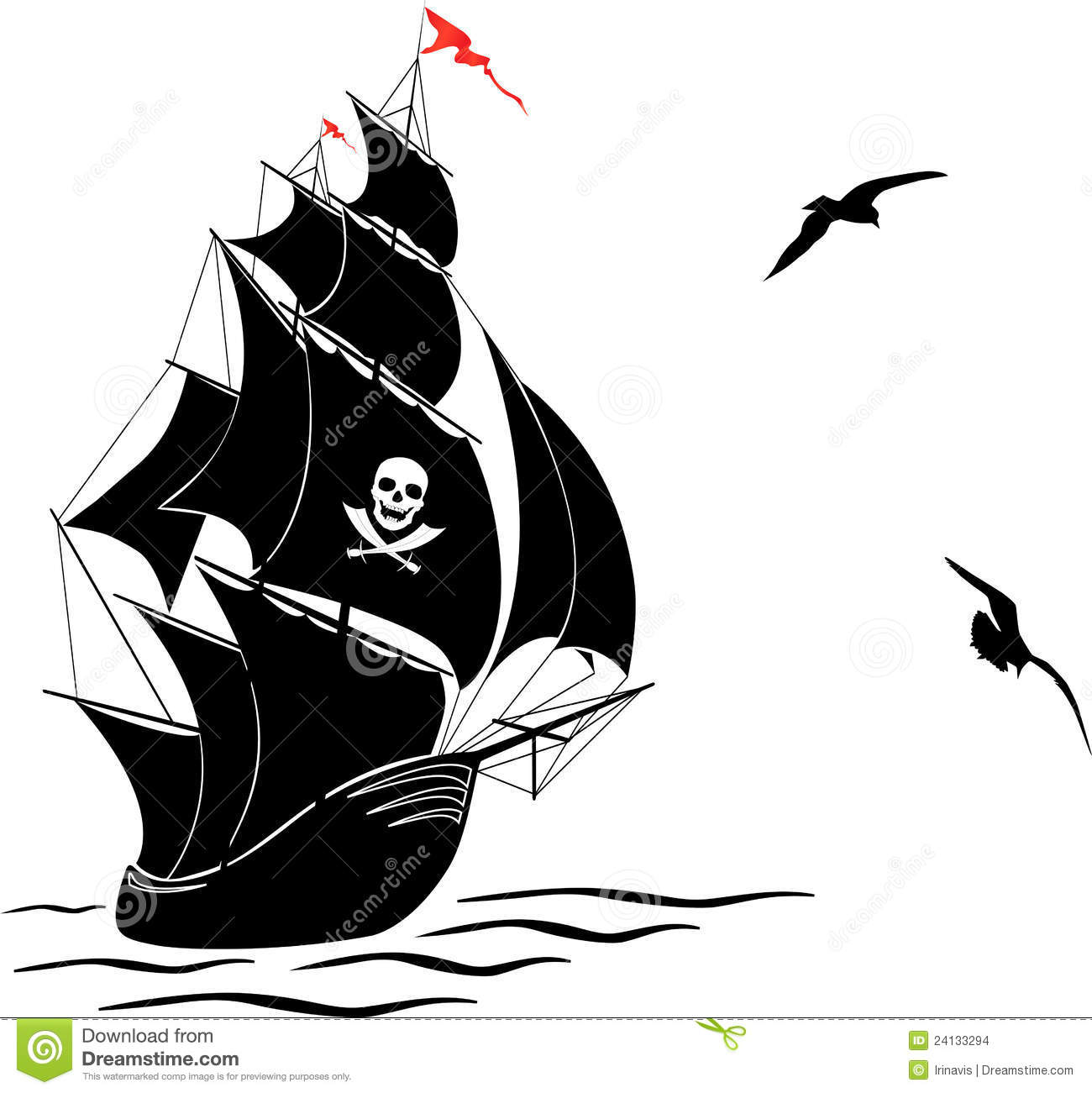 Silhouette Of A Old Sail Pirate Ship And Two Gulls Stock Images