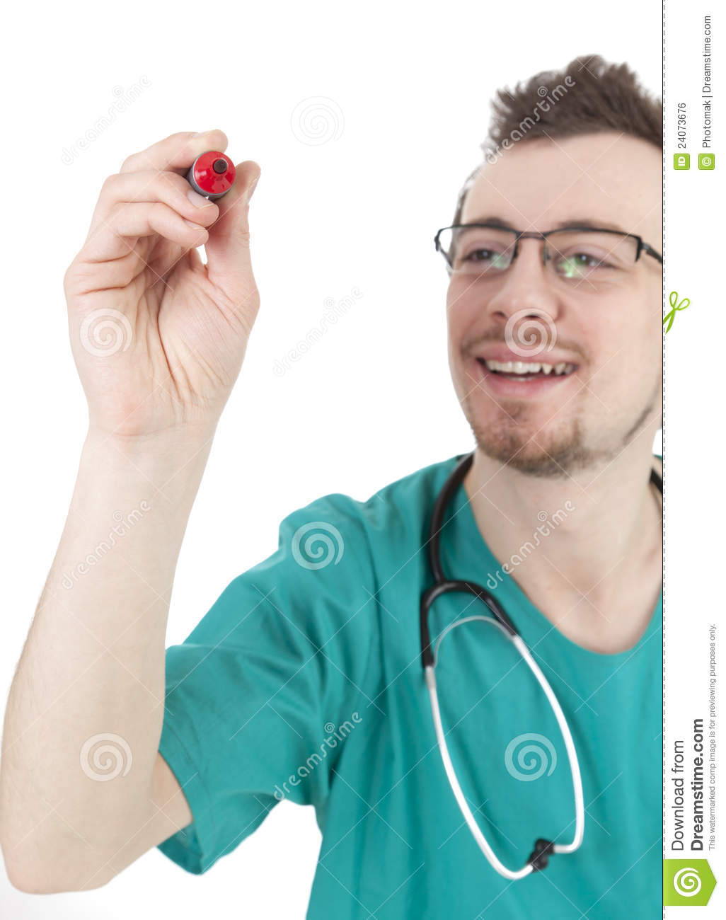 Yuong Male Doctor Writing Or Drawing Something On Screen With Red