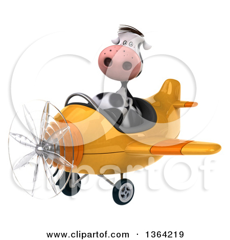 3d Cow Aviator Pilot Flying A Yellow Airplane On A White Background