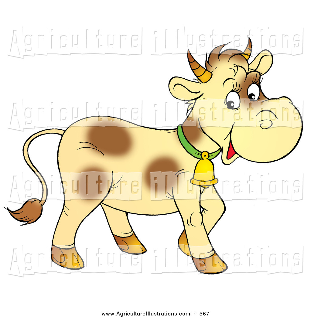 Agriculture Clipart Of A Pale Yellow Cow With Brown Spots Wearing A