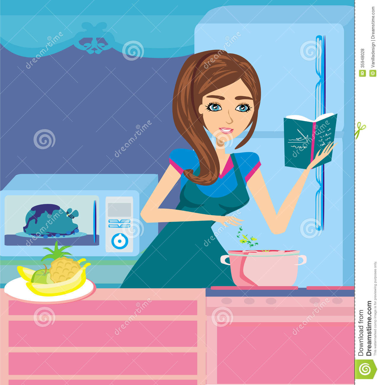 Beautiful Lady Cooking Soup And Serving Chicken Illustration