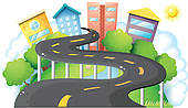 Curve Road Going To The City With High Buildings   Clipart Graphic