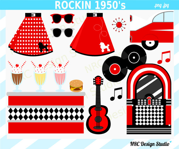 1950 S Sock Hop Clipart   Poodle Skirt Jukebox Car Milkshake Bar