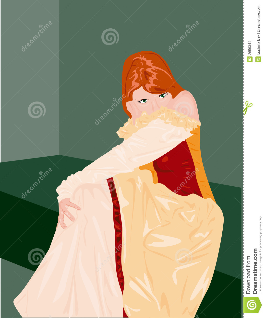 Cartoon Illustration Of Shy Princess With Red Hair Sat In Room