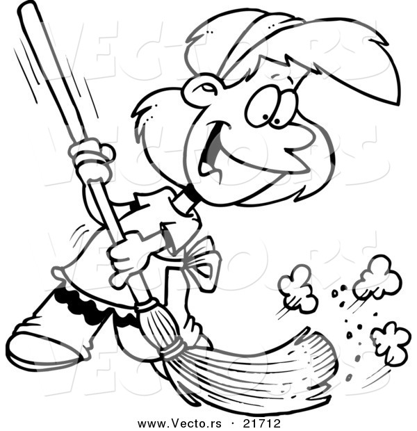 Vector Of A Cartoon Girl Sweeping   Outlined Coloring Page By Ron    